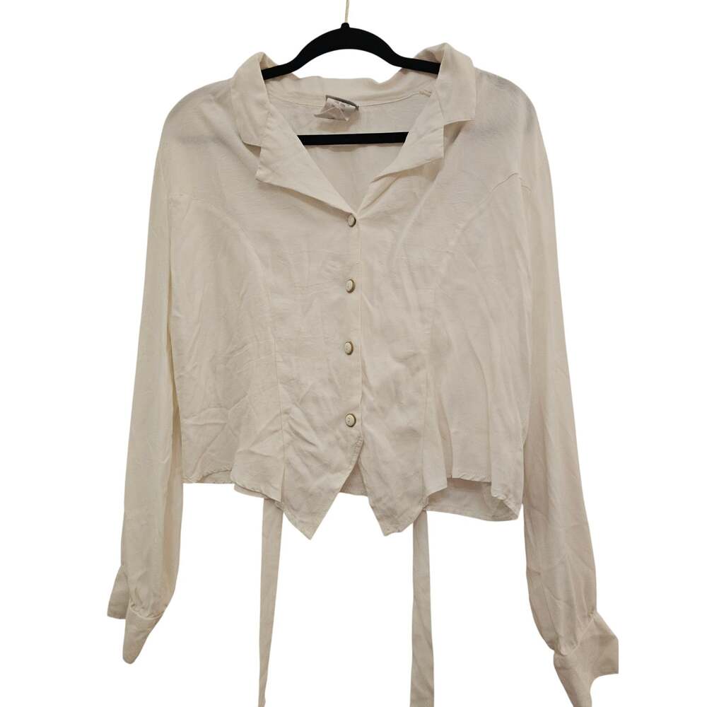 Womens Blouse XL Ivory Tie Back Button Front Romantic Minimalist Collared